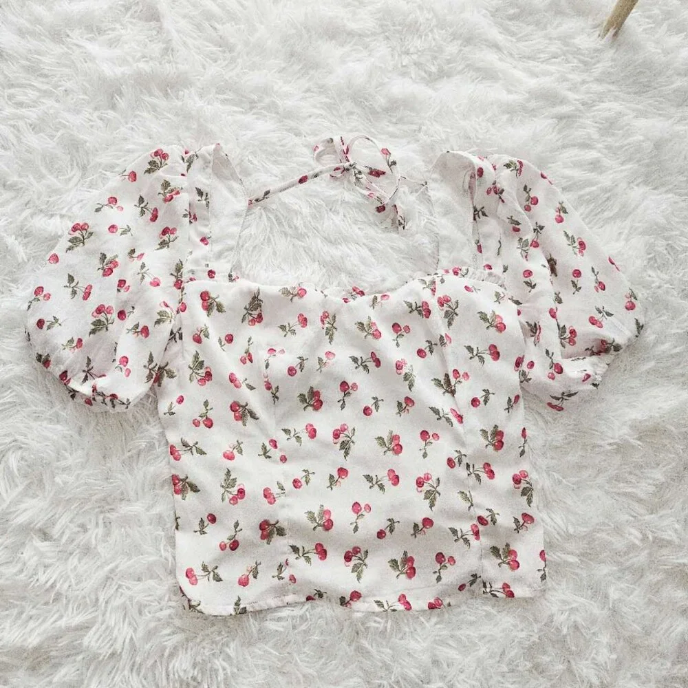 Abercrombie & Fitch Square Neck Puff Sleeve Top Cherry Print